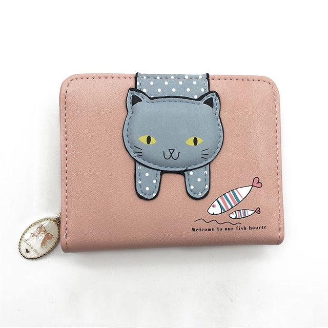 Portafoglio da donna carino gatto Portafoglio con cerniera piccolo Portamonete in pelle PU, Cat Black, Cat Blue, Cat Green, Cat Pink, Cat Rose Red