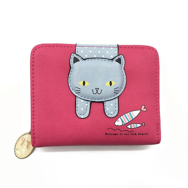 Portafoglio da donna carino gatto Portafoglio con cerniera piccolo Portamonete in pelle PU, Cat Black, Cat Blue, Cat Green, Cat Pink, Cat Rose Red