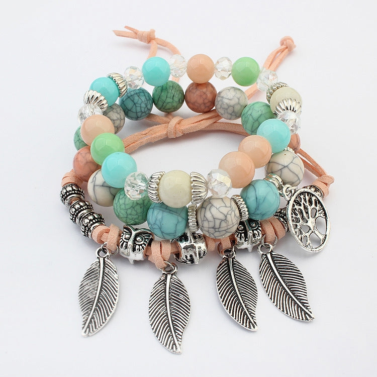 Bracciale rigido con perline di marmo elasticità etnica vintage. Bracciale rigido con foglie Boho