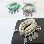 Bracciale rigido con perline di marmo elasticità etnica vintage. Bracciale rigido con foglie Boho