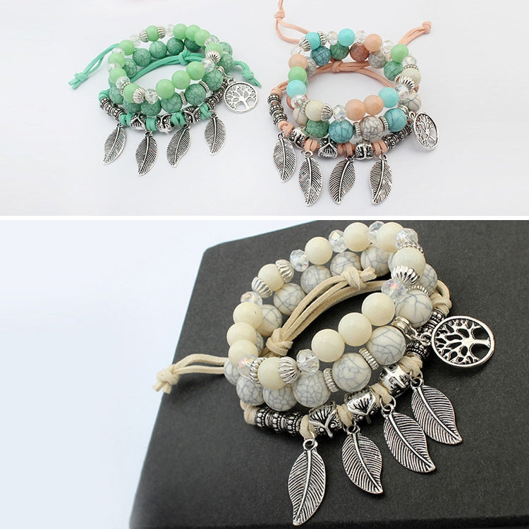 Bracciale rigido con perline di marmo elasticità etnica vintage. Bracciale rigido con foglie Boho