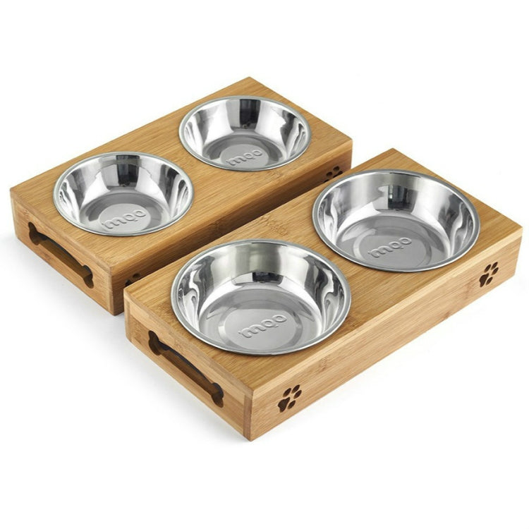 Combinazione di ciotole per cibo e bevande in acciaio inossidabile per cani e gatti con telaio in bambù, S, L