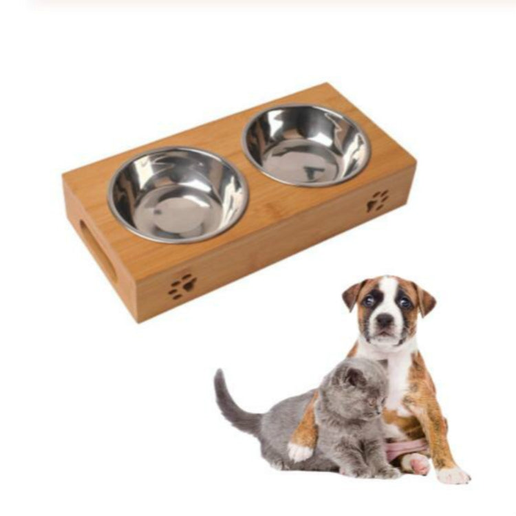 Combinazione di ciotole per cibo e bevande in acciaio inossidabile per cani e gatti con telaio in bambù, S, L