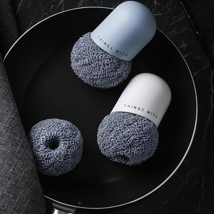 Sfera per pulizia in poliestere Spazzola per pulizia con manico per uso domestico Spazzola per piatti da cucina con manico corto, White, Blue, 4 Replacement Heads