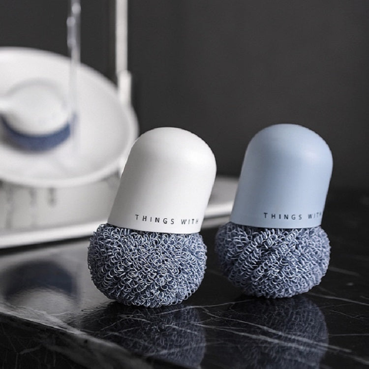 Sfera per pulizia in poliestere Spazzola per pulizia con manico per uso domestico Spazzola per piatti da cucina con manico corto, White, Blue, 4 Replacement Heads