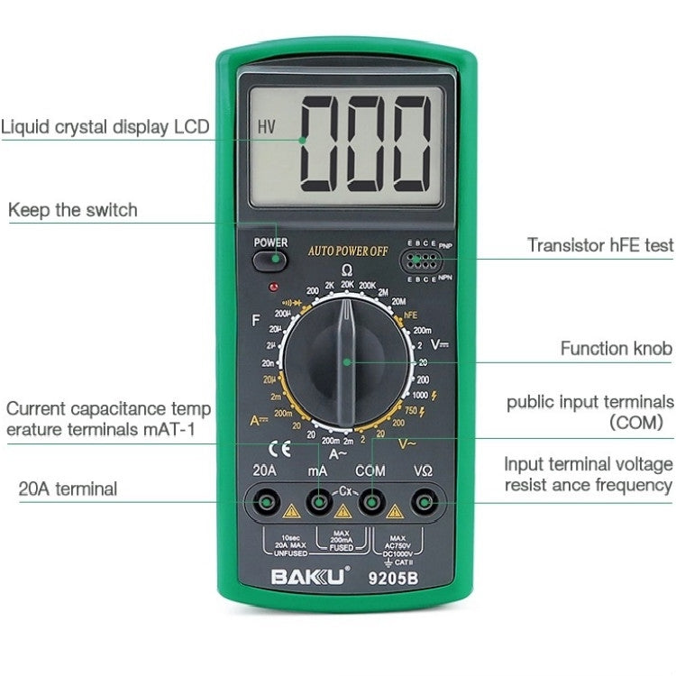 BAKU BK-9205B Misurazione della capacità Corrente Display a grande schermo Multimetro digitale a prova di bruciatura a tutto tondo