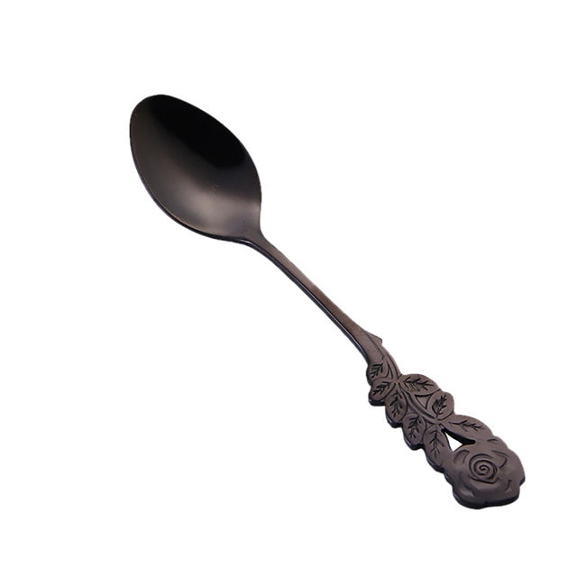 Piccolo mini cucchiaio da caffè con fiore di rosa in acciaio inossidabile, cucchiaio da tè, cucchiaino da tè, cucchiaio da dessert, stoviglie con manico lungo