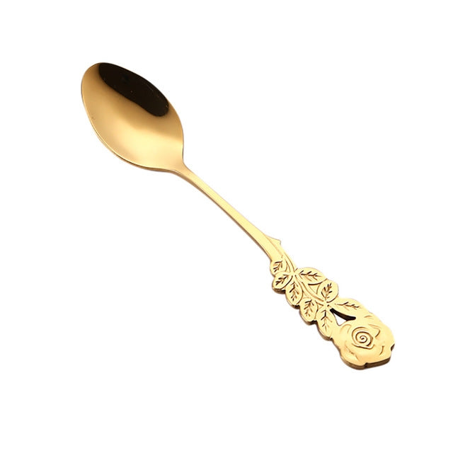 Piccolo mini cucchiaio da caffè con fiore di rosa in acciaio inossidabile, cucchiaio da tè, cucchiaino da tè, cucchiaio da dessert, stoviglie con manico lungo