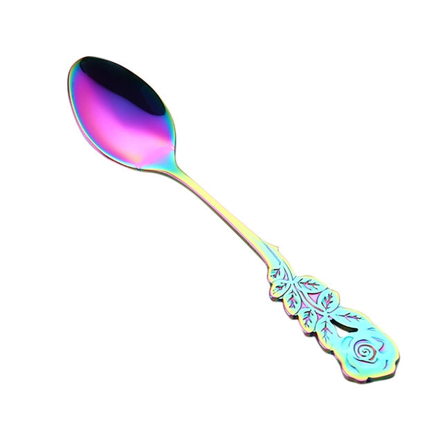 Piccolo mini cucchiaio da caffè con fiore di rosa in acciaio inossidabile, cucchiaio da tè, cucchiaino da tè, cucchiaio da dessert, stoviglie con manico lungo