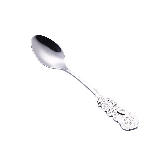 Piccolo mini cucchiaio da caffè con fiore di rosa in acciaio inossidabile, cucchiaio da tè, cucchiaino da tè, cucchiaio da dessert, stoviglie con manico lungo