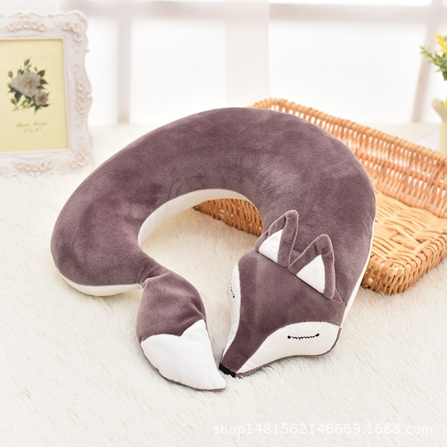 Cuscino per il collo a forma di U in peluche di cotone animale adorabile volpe per viaggi in aereo in auto, 30x30x8cm