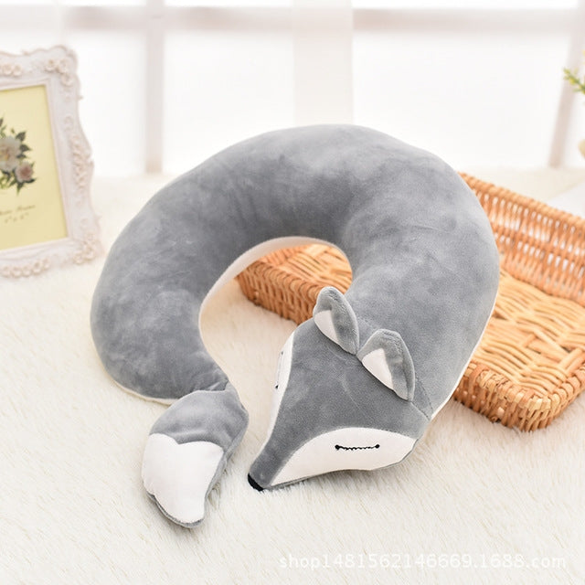 Cuscino per il collo a forma di U in peluche di cotone animale adorabile volpe per viaggi in aereo in auto, 30x30x8cm