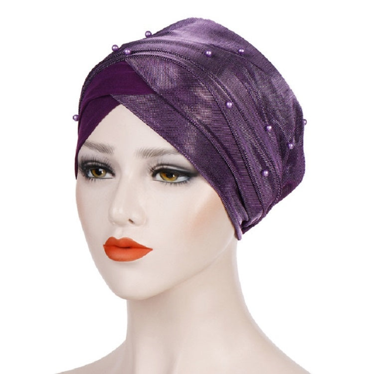 2 pezzi Cappello turbante bicolore da donna con perline Berretto con cappuccio in tessuto di seta brillante