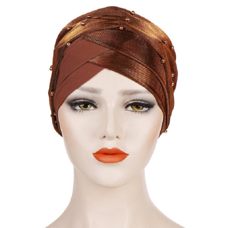 2 pezzi Cappello turbante bicolore da donna con perline Berretto con cappuccio in tessuto di seta brillante