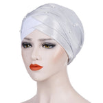 2 pezzi Cappello turbante bicolore da donna con perline Berretto con cappuccio in tessuto di seta brillante