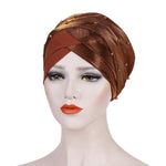 2 pezzi Cappello turbante bicolore da donna con perline Berretto con cappuccio in tessuto di seta brillante