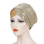 2 pezzi Cappello turbante bicolore da donna con perline Berretto con cappuccio in tessuto di seta brillante