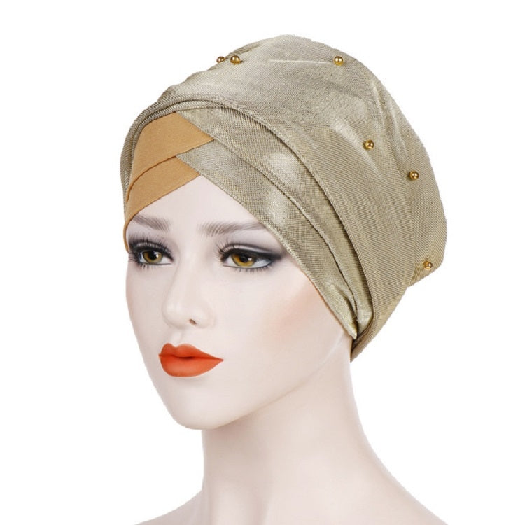 2 pezzi Cappello turbante bicolore da donna con perline Berretto con cappuccio in tessuto di seta brillante