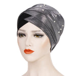 2 pezzi Cappello turbante bicolore da donna con perline Berretto con cappuccio in tessuto di seta brillante