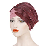 2 pezzi Cappello turbante bicolore da donna con perline Berretto con cappuccio in tessuto di seta brillante