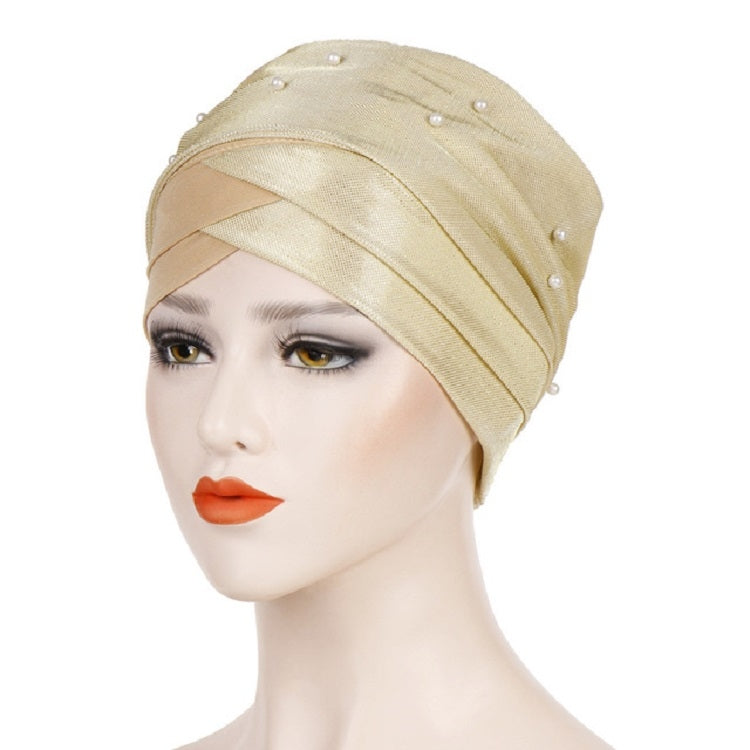 2 pezzi Cappello turbante bicolore da donna con perline Berretto con cappuccio in tessuto di seta brillante
