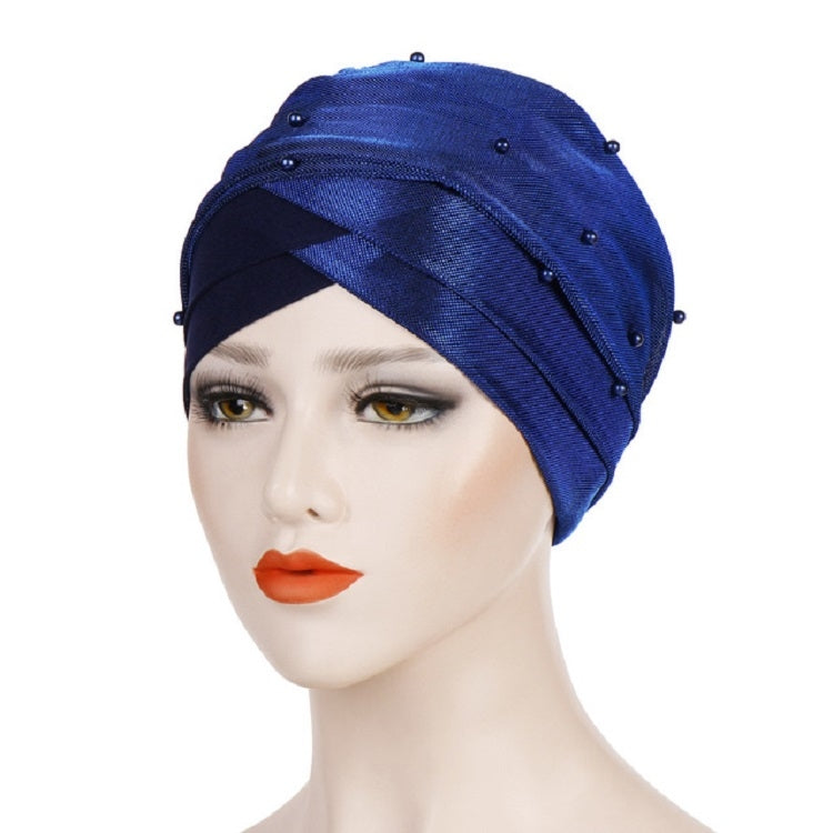 2 pezzi Cappello turbante bicolore da donna con perline Berretto con cappuccio in tessuto di seta brillante