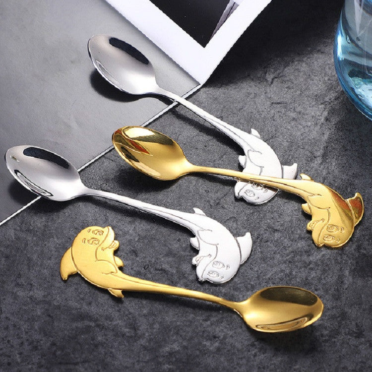 2 cucchiai in acciaio inox a forma di delfino, cucchiaio per mescolare il caffè, cucchiaio per gelato, cucchiaio per l'alimentazione dei bambini