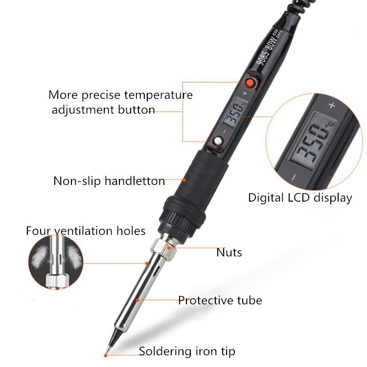 Saldatore con termostato LCD 908S 80W Saldatore a temperatura costante, CN Plug, EU Plug, US Plug