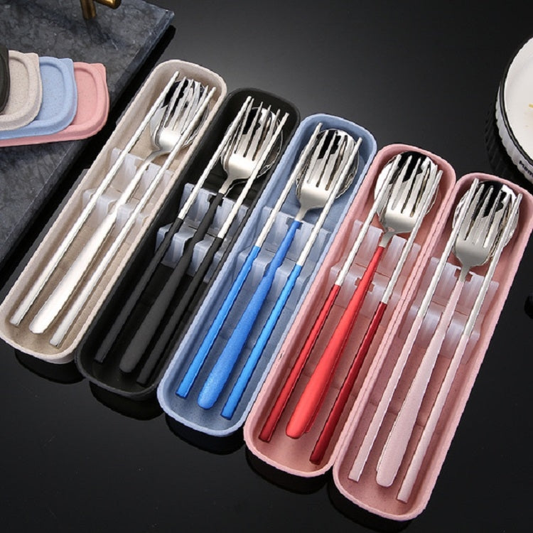 4 pezzi/set stoviglie portatili in acciaio inossidabile set creativo bacchette cucchiaio forchetta regalo, Steel, Black, Pink, Red, Blue