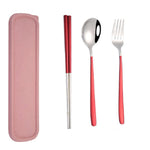 4 pezzi/set stoviglie portatili in acciaio inossidabile set creativo bacchette cucchiaio forchetta regalo, Steel, Black, Pink, Red, Blue