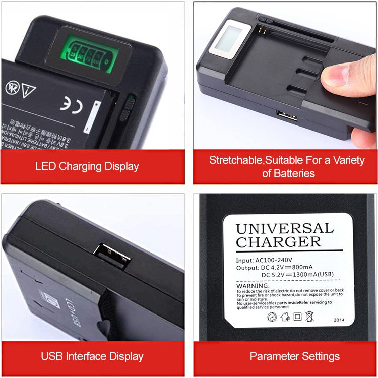 Caricabatteria universale per cellulare con uscita USB e display LCD, spina americana, 800mA/1300mA