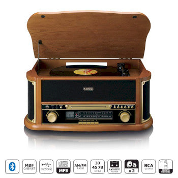 Wooden retro Record Player with Bluetooth® AM/FM radio USB encoding CD player cassette player and built-in speakers