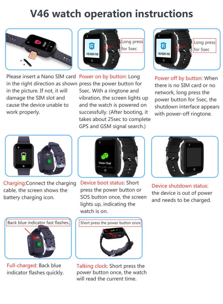 REACHFAR RF-V46-A Cinturino GPS Smart Tracker, Supporto SOS / Fotocamera / Gestione salute / 4G LTE / Pressione sanguigna / Frequenza cardiaca, Per Asia/Europa/Africa, RF-V46-A