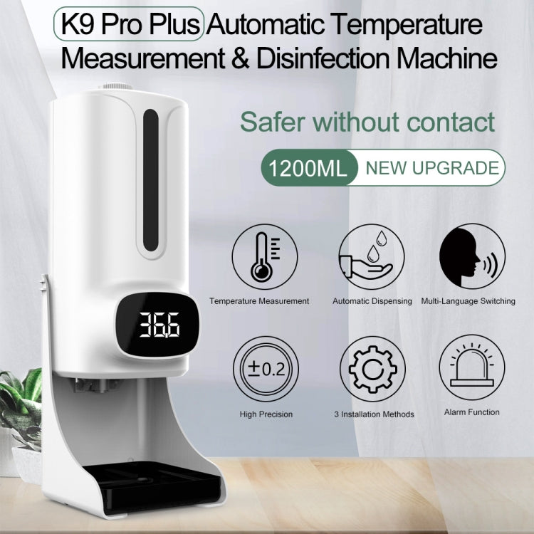 Termometro corporeo senza contatto vivavoce K9 Pro Plus + dispenser automatico di sapone liquido senza contatto da 1000 ml con supporto base, trasmissione vocale in 15 lingue, K9 Pro Plus