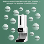 Termometro corporeo senza contatto vivavoce K9 Pro Plus + dispenser automatico di sapone liquido senza contatto da 1000 ml con supporto base, trasmissione vocale in 15 lingue, K9 Pro Plus