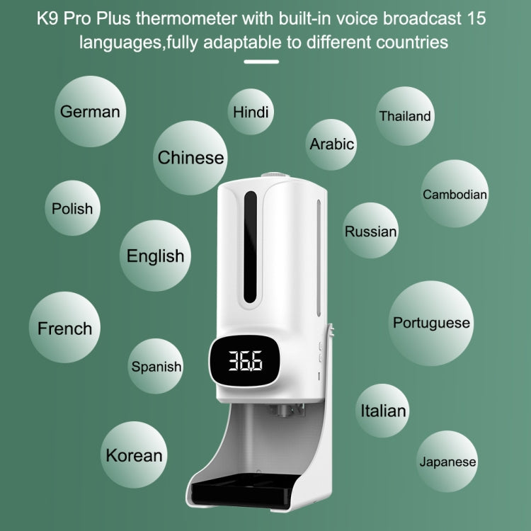 Termometro corporeo senza contatto vivavoce K9 Pro Plus + dispenser automatico di sapone liquido senza contatto da 1000 ml con supporto base, trasmissione vocale in 15 lingue, K9 Pro Plus