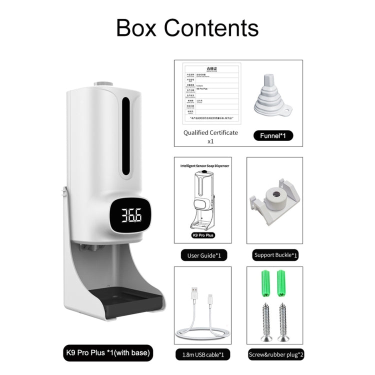 Termometro corporeo senza contatto vivavoce K9 Pro Plus + dispenser automatico di sapone liquido senza contatto da 1000 ml con supporto base, trasmissione vocale in 15 lingue, K9 Pro Plus
