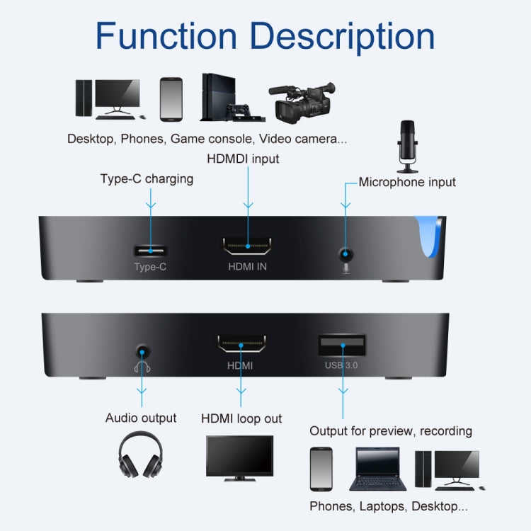 CK200 1080P HDMI + microfono a HDMI + audio + dispositivo scheda di acquisizione video HD USB 3.0, supporto UVC / UAC / MAC