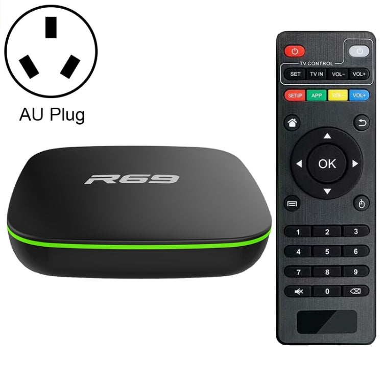 R69 1080P HD Smart TV BOX Lettore multimediale Android 4.4 con telecomando, Quad Core Allwinner H3, RAM: 1 GB, ROM: 8 GB, WiFi 2,4 G, LAN, spina europea, 1GB+8GB