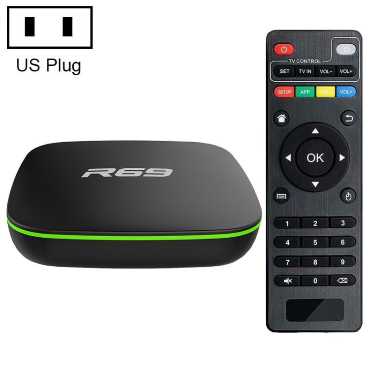 R69 1080P HD Smart TV BOX Lettore multimediale Android 4.4 con telecomando, Quad Core Allwinner H3, RAM: 1 GB, ROM: 8 GB, WiFi 2,4 G, LAN, spina europea, 1GB+8GB