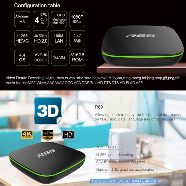 R69 1080P HD Smart TV BOX Lettore multimediale Android 4.4 con telecomando, Quad Core Allwinner H3, RAM: 1 GB, ROM: 8 GB, WiFi 2,4 G, LAN, spina europea, 1GB+8GB