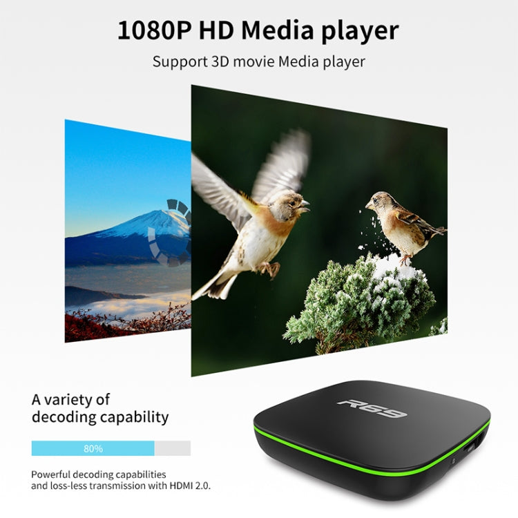 R69 1080P HD Smart TV BOX Lettore multimediale Android 4.4 con telecomando, Quad Core Allwinner H3, RAM: 1 GB, ROM: 8 GB, WiFi 2,4 G, LAN, spina europea, 1GB+8GB