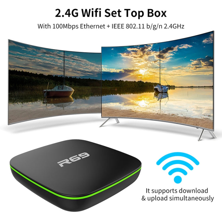 R69 1080P HD Smart TV BOX Lettore multimediale Android 4.4 con telecomando, Quad Core Allwinner H3, RAM: 1 GB, ROM: 8 GB, WiFi 2,4 G, LAN, spina europea, 1GB+8GB