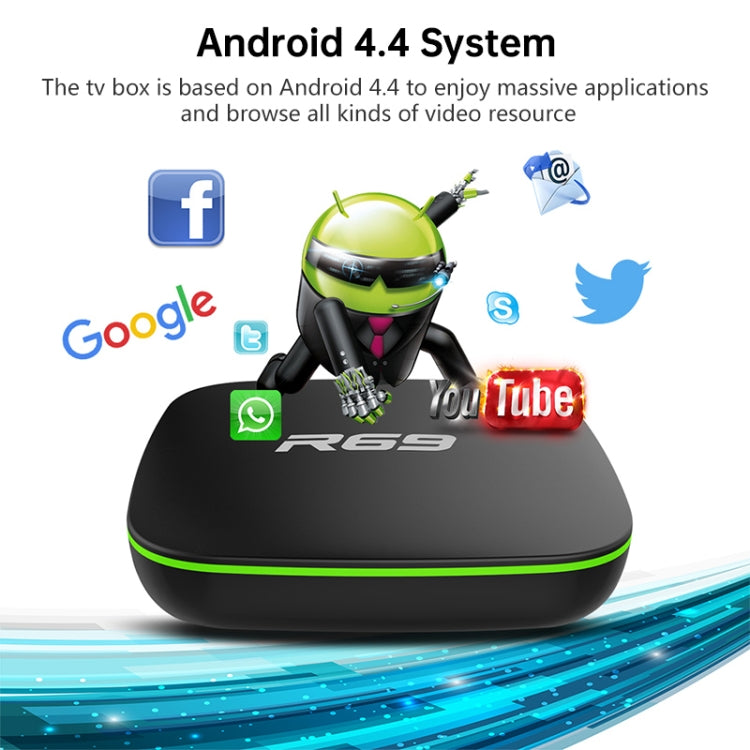 R69 1080P HD Smart TV BOX Lettore multimediale Android 4.4 con telecomando, Quad Core Allwinner H3, RAM: 1 GB, ROM: 8 GB, WiFi 2,4 G, LAN, spina europea, 1GB+8GB