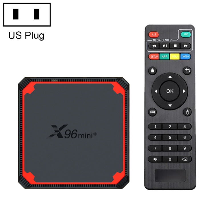 X96 mini+ 4K Smart TV BOX Lettore multimediale Android 9.0 con telecomando, Amlogic S905W4 Quad Core ARM Cortex A53 fino a 1,2 GHz, RAM: 1 GB, ROM: 8 GB, WiFi 2,4 G/5 G, HDMI, scheda TF, RJ45, spina USA, 1GB+8GB