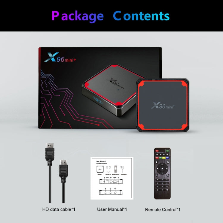 X96 mini+ 4K Smart TV BOX Lettore multimediale Android 9.0 con telecomando, Amlogic S905W4 Quad Core ARM Cortex A53 fino a 1,2 GHz, RAM: 1 GB, ROM: 8 GB, WiFi 2,4 G/5 G, HDMI, scheda TF, RJ45, spina USA, 1GB+8GB