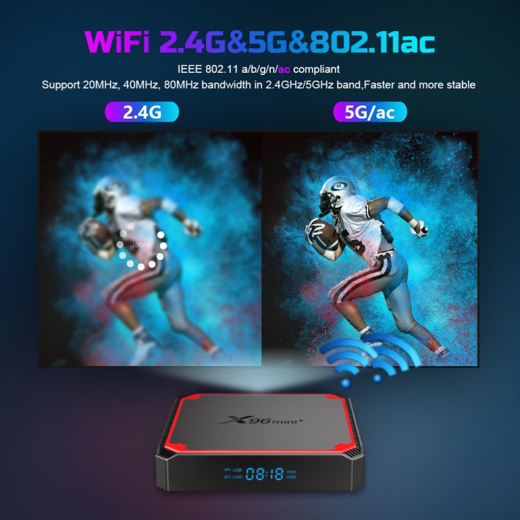 X96 mini+ 4K Smart TV BOX Lettore multimediale Android 9.0 con telecomando, Amlogic S905W4 Quad Core ARM Cortex A53 fino a 1,2 GHz, RAM: 1 GB, ROM: 8 GB, WiFi 2,4 G/5 G, HDMI, scheda TF, RJ45, spina USA, 1GB+8GB