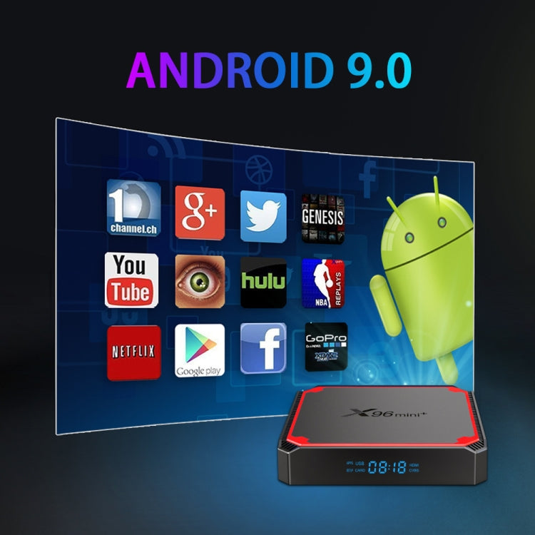 X96 mini+ 4K Smart TV BOX Lettore multimediale Android 9.0 con telecomando, Amlogic S905W4 Quad Core ARM Cortex A53 fino a 1,2 GHz, RAM: 1 GB, ROM: 8 GB, WiFi 2,4 G/5 G, HDMI, scheda TF, RJ45, spina USA, 1GB+8GB