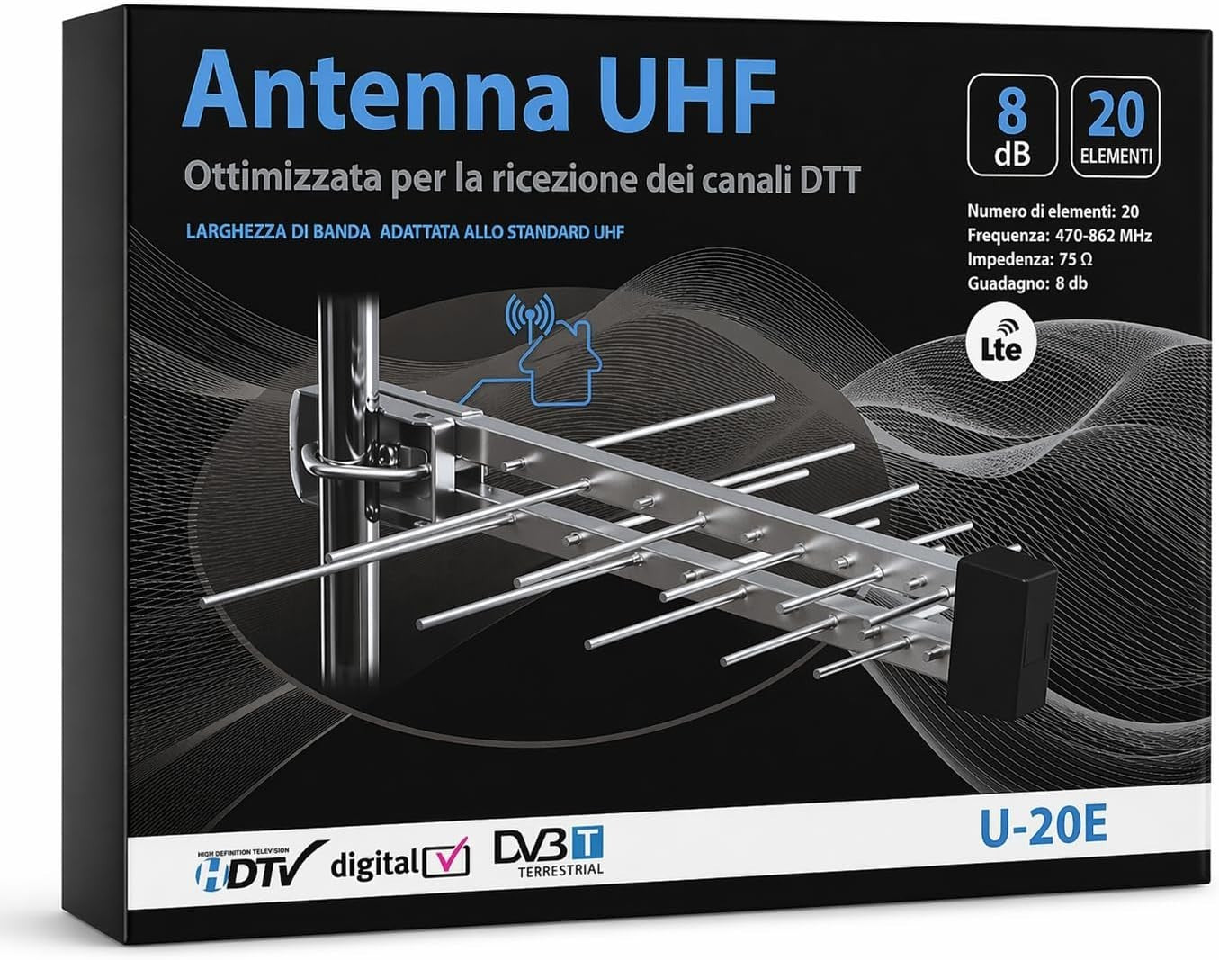 Antenna TV esterna UHF 20 elementi 8 dB con connettore F U-20E
