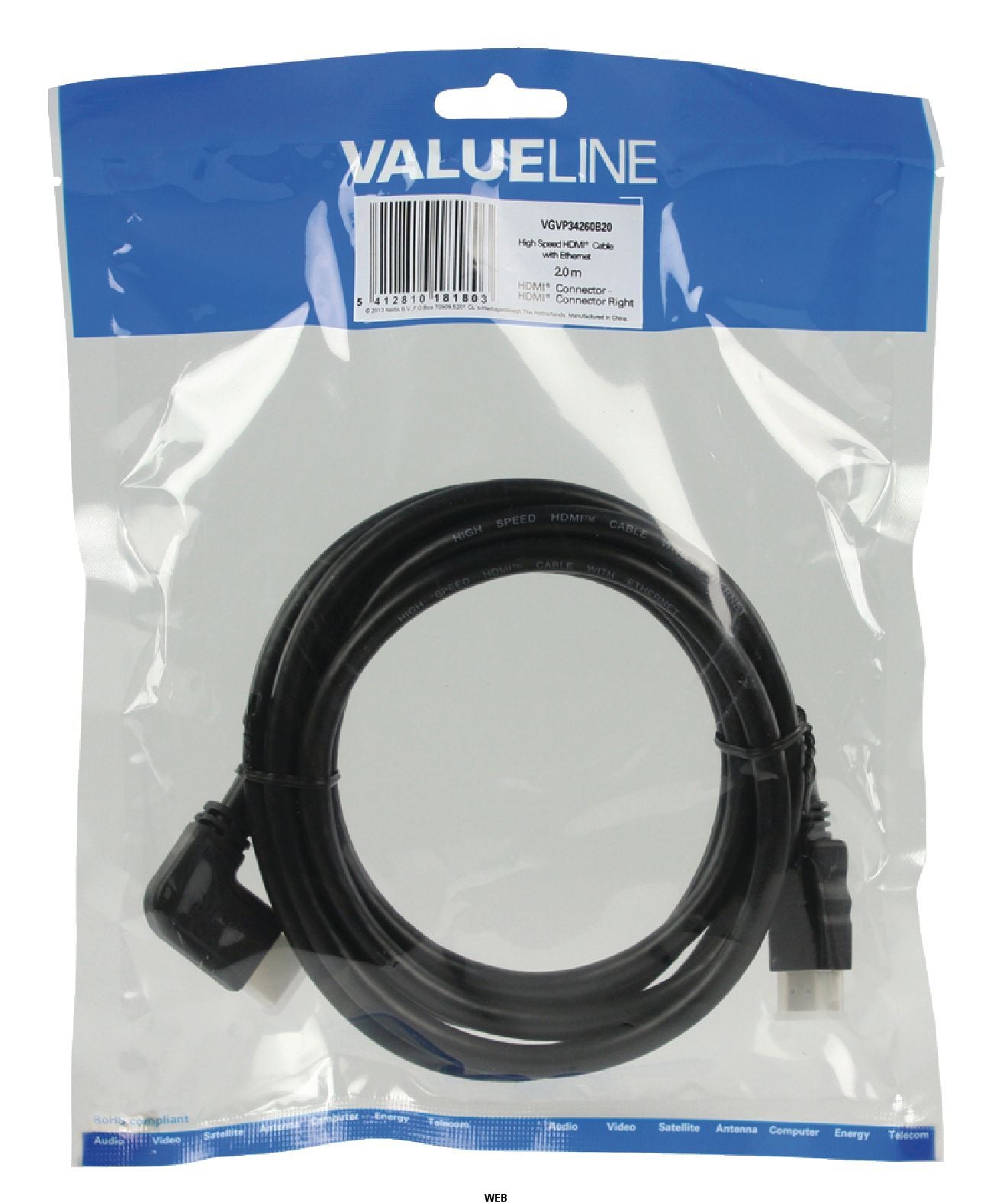 Cavo HDMI Alta Velocità con Ethernet Connettore HDMI - Connettore HDMI Con angolo a destra 2m Nero 5412810181803 541281018180  VGVP34260B20 ND9205